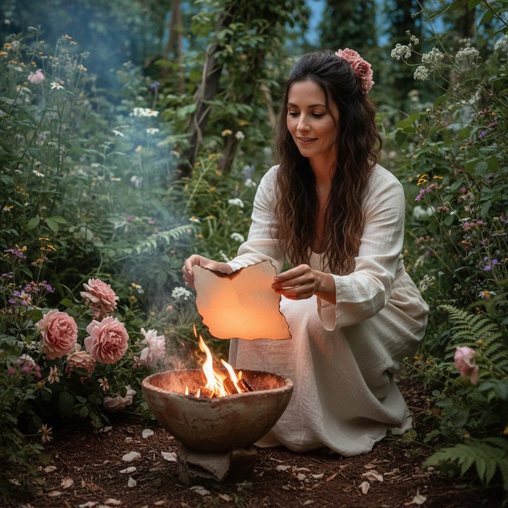 A woman burning a written list in a fire ritual outside — releasing what no longer serves